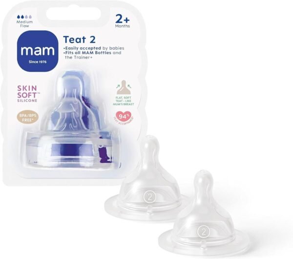 MAM Teats Size 2, Medium Flow, 2 Pack | Suitable from 2+ Months, Fits All MAM Bottles, Made from SkinSoft Silicone,