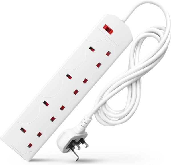 61CRTp6Sg4L._AC_SL1200_.jpg DESIRETECH White Electric Extension Lead, 4 Gang, 2 Metre Cable with UK Plug, Wall Mountable
