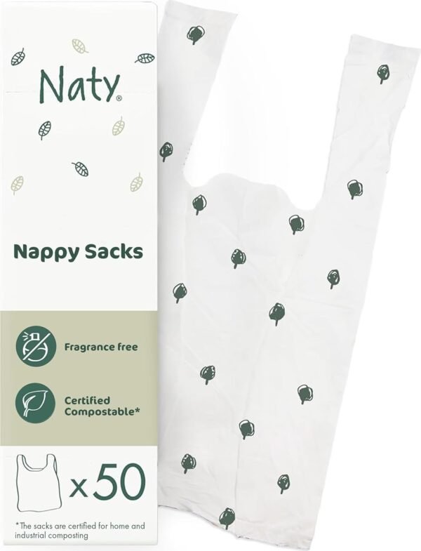 Naty compostable nappy bags with easy tie handles, 50 count | Fragrance-free sacks for baby changing & disposal, tr