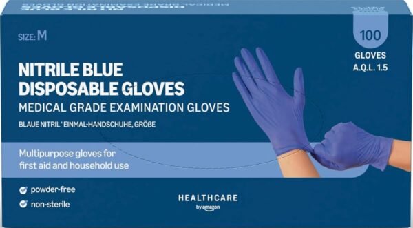 by Amazon Blue Disposable Nitrile Gloves, Powder-free, Latex-free, Size M, Pack of 100