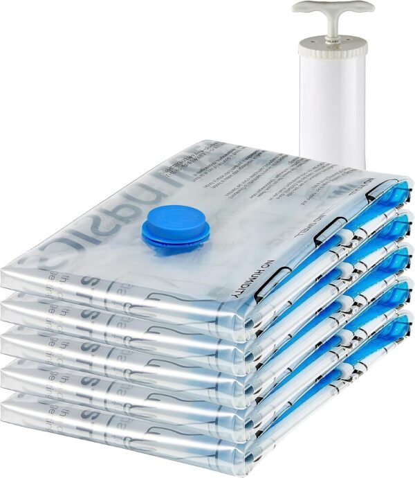 Amazon Basics Vacuum Compression Zipper Storage Bags with Hand Pump, Large, 5-Pack
