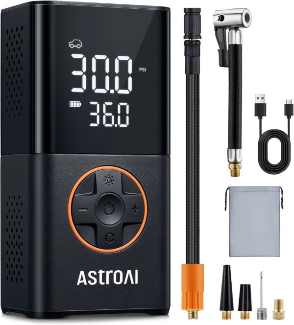 AstroAI Car Tyre Inflator Air Compressor, Cordless Battery Bike Pump 150PSI | Digital Dual Values Display, Electric