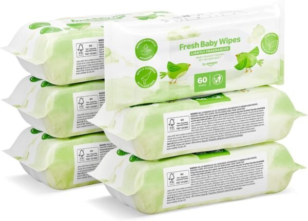 by Amazon Fresh Baby Wipes, 360 Wipes, 6 Pack of 60, Wipes Without Plastic
