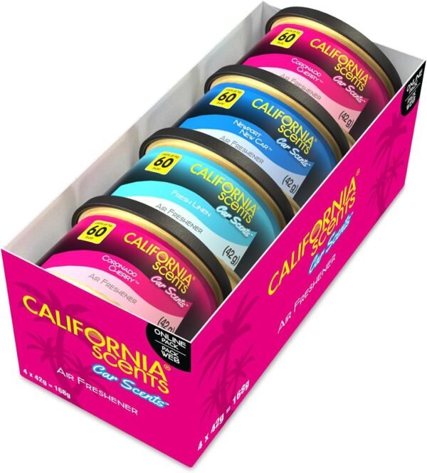 71Wr0lUZ7xL._AC_SL1200_.jpg California Scents Car Air Fresheners Can, Pack of 4, Assorted Scents | (Fresh Linen, Coronado Cherry, Newport New C