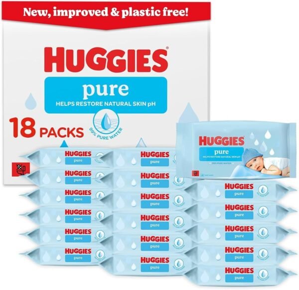 Huggies Pure Plastic Free Baby Wipes - Pack of 18 (864 Wipes), 99% Water, Fragrance Free