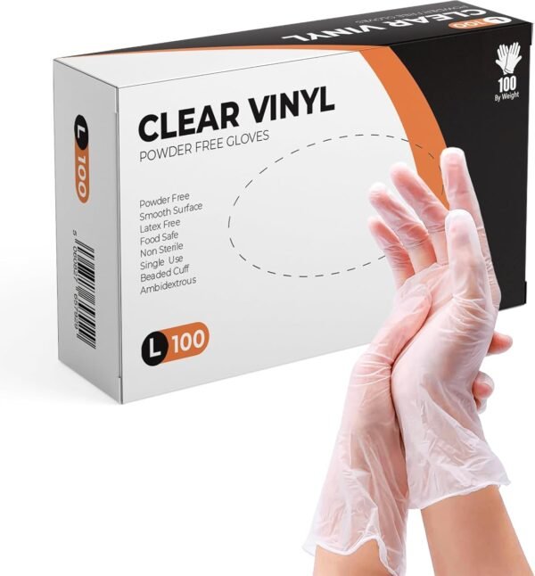 71zaT21RMCL._AC_SL1200_.jpg PRAIMA Clear Vinyl Gloves, 100 Count, Clear Disposable Gloves (100, Large)