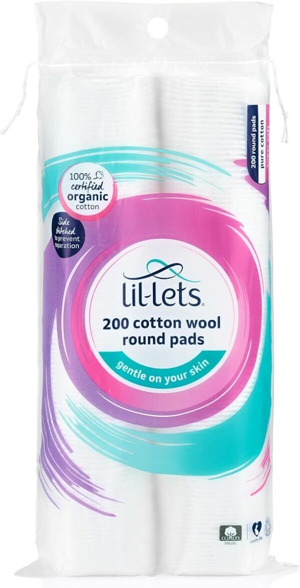 Lil-Lets Cotton Wool Round Pads, 200 Count, Certified Organic, 100% Pure Cotton Wool, Soft and Absorbent, Gentle on