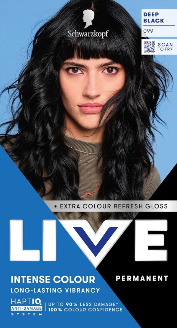 Schwarzkopf LIVE Intense Colour Hair Dye, 099 Deep Black | Permanent Black Hair Dye, HaptiQ Anti-Damage System, Lon